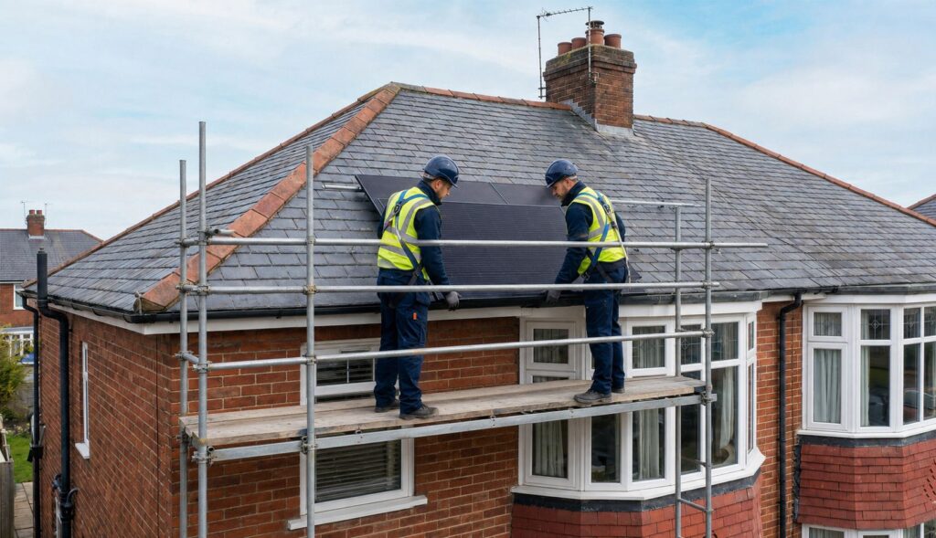 Energy advisor inspecting external wall of UK home for Improveasy Boiler Upgrade Scheme application