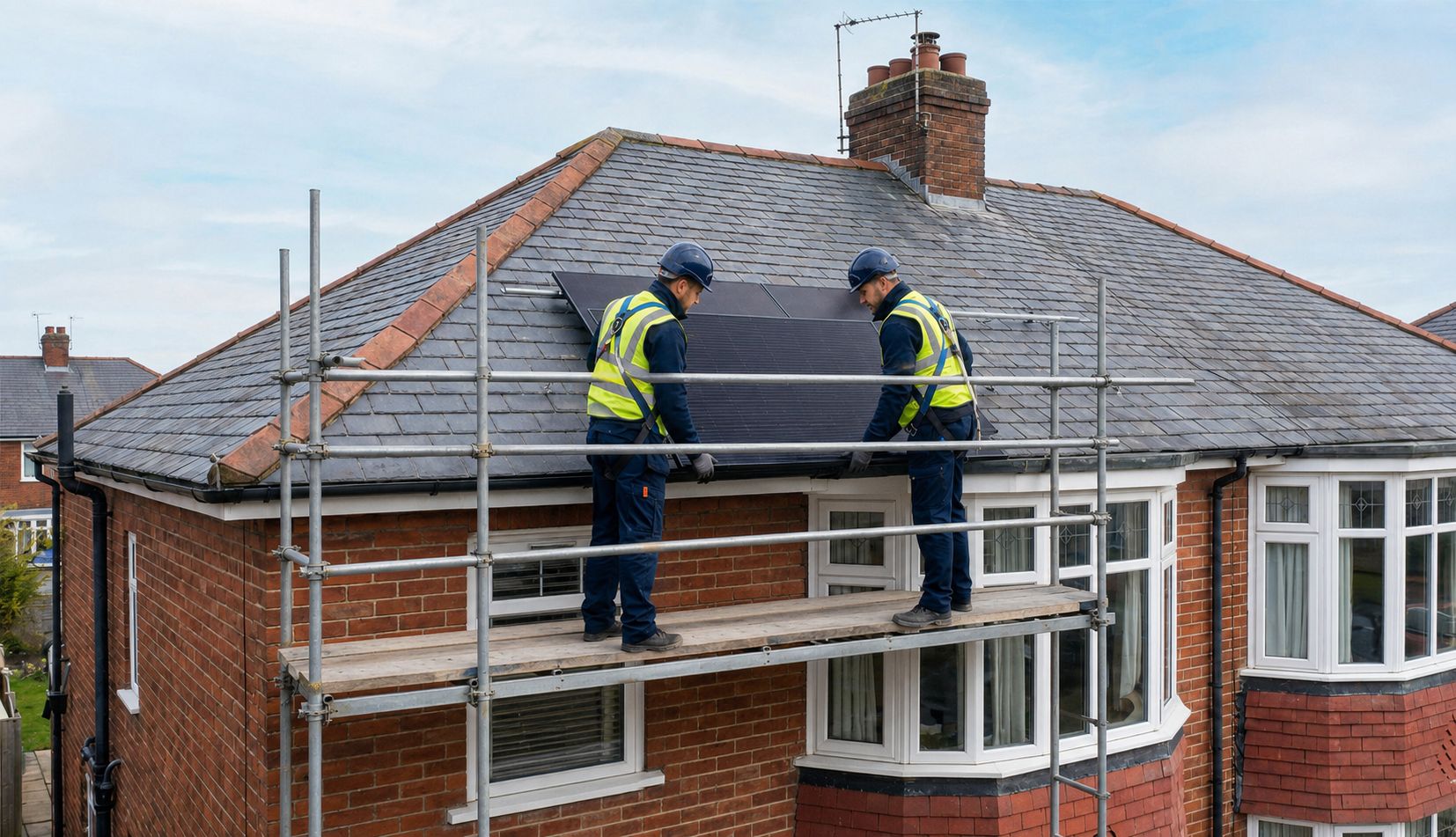 Energy advisor inspecting external wall of UK home for Improveasy Boiler Upgrade Scheme application