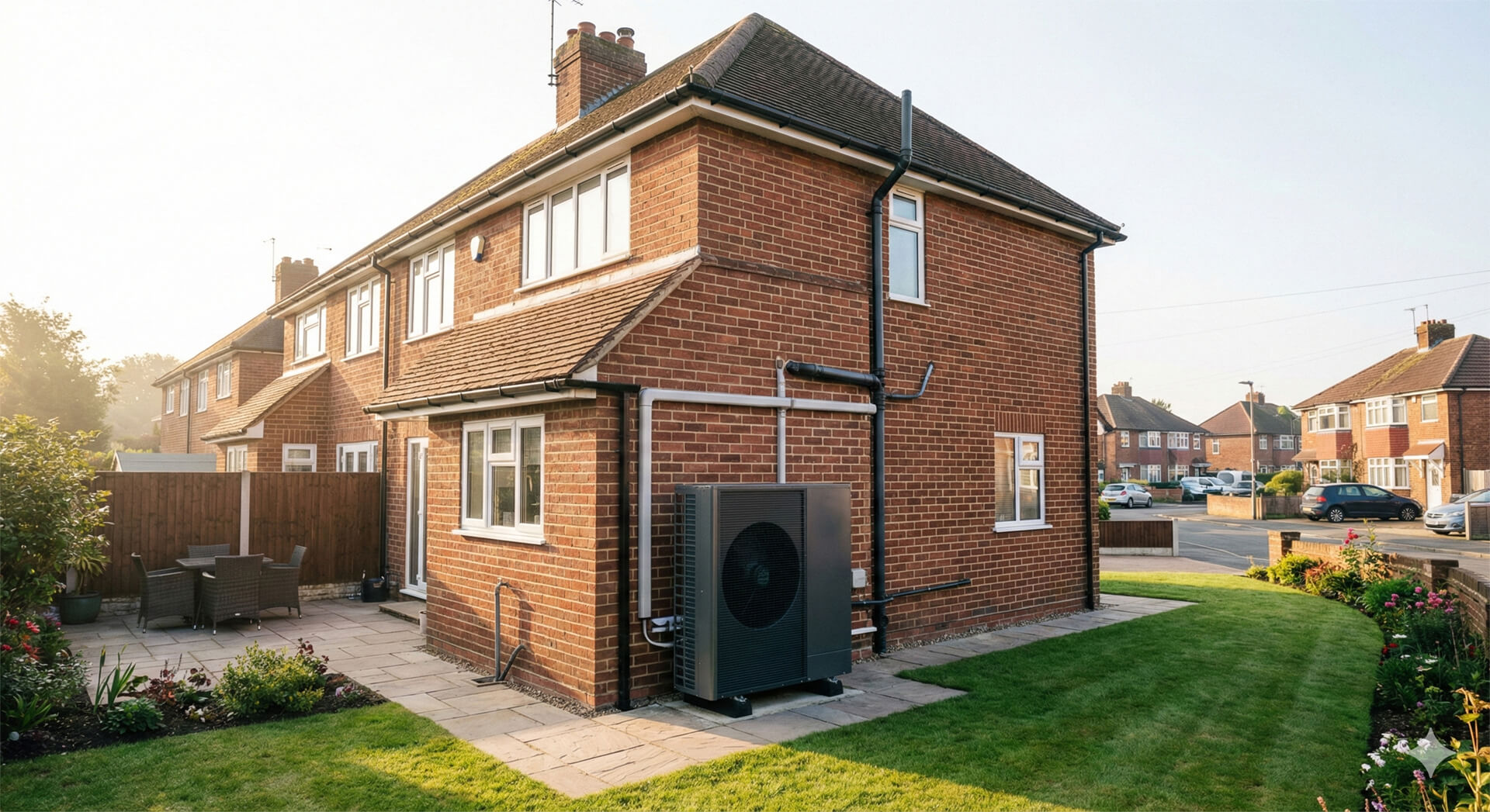 Rear view of UK home with air source heat pump installed under Improveasy Boiler Upgrade Scheme