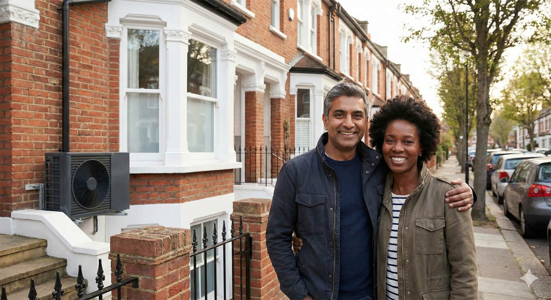 Couple reviewing air source heat pump installation