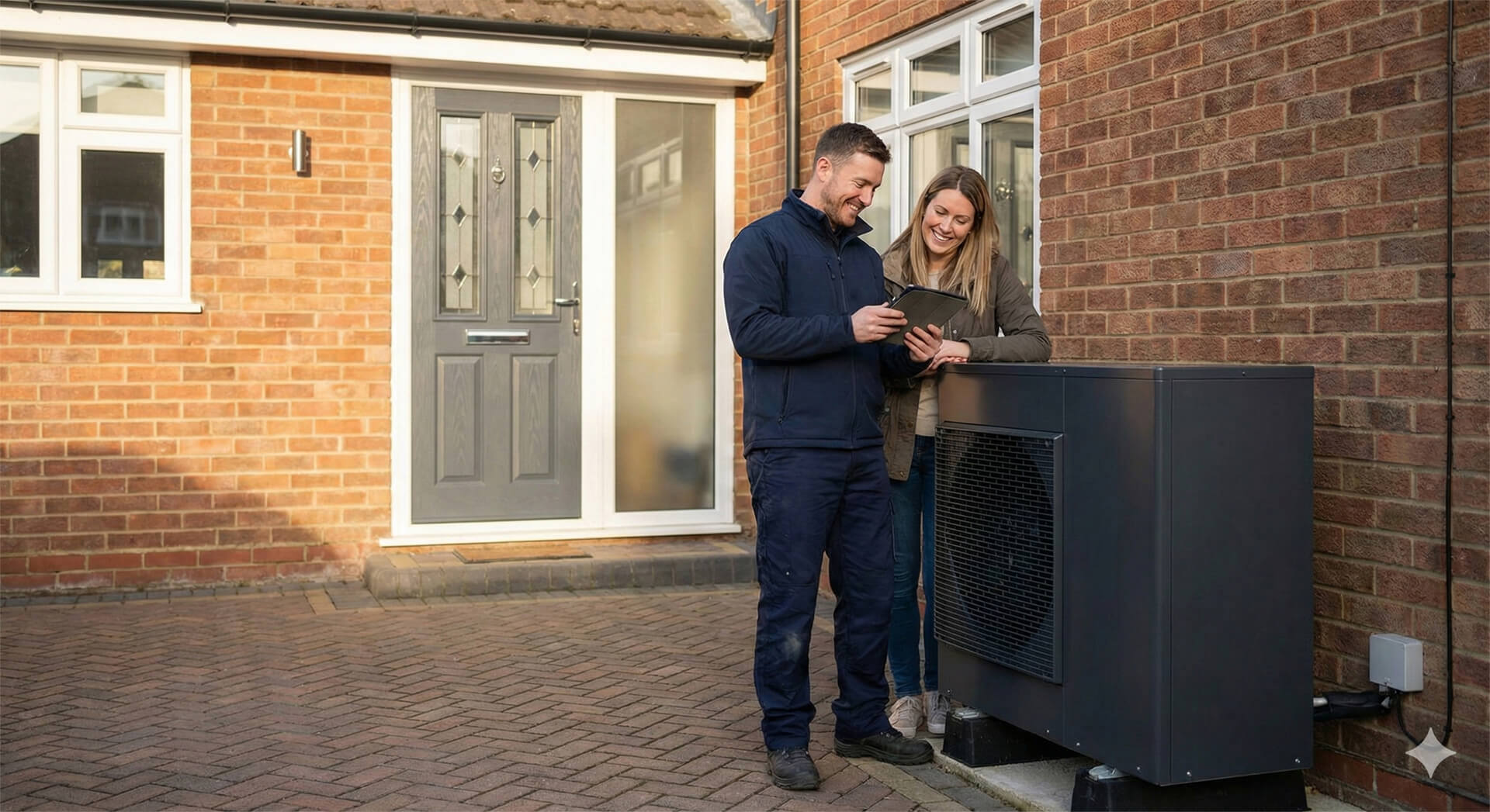 Air source heat pump fitted to brick house exterior as part of Improveasy Boiler Upgrade Scheme