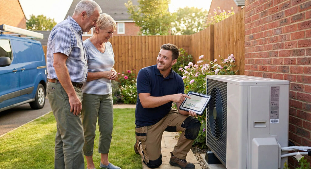 Improveasy installer, talking through an elderly couple about their energy saving