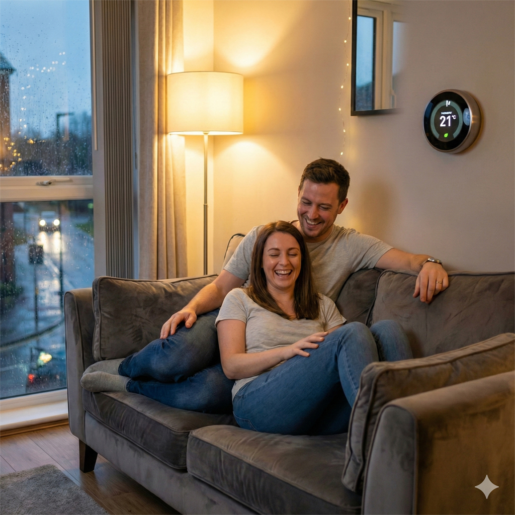 Happy couple sitting in the warm of there home