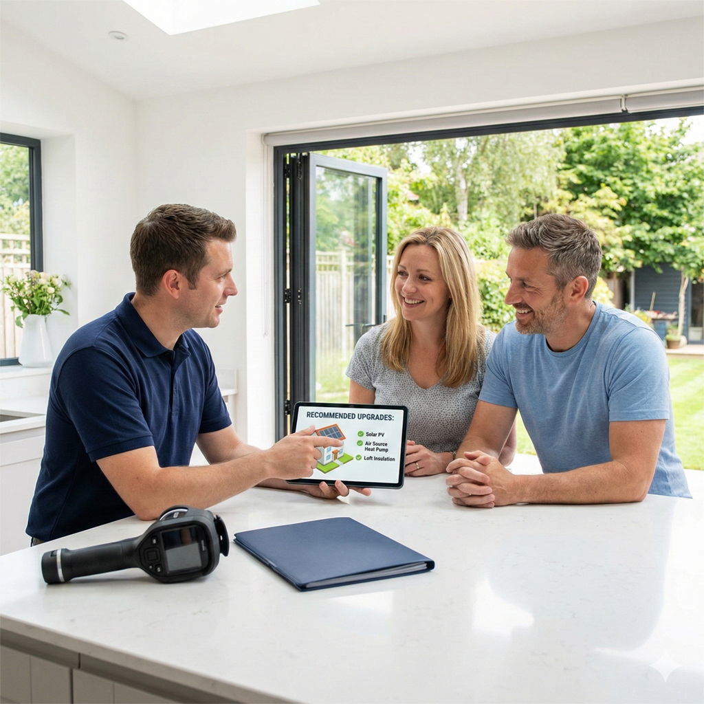 Improveasy Home assessment to understand energy needs with surveyor and a couple