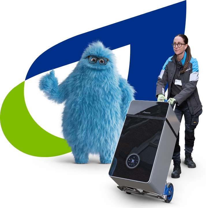 British Gas engineer with heating system and British Gas mascot representing partnership with Improveasy.