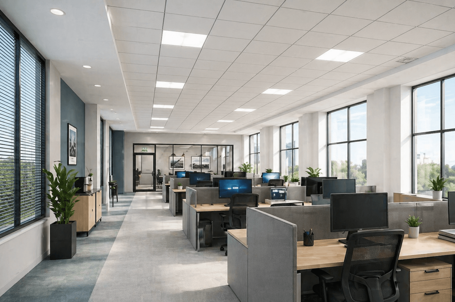Modern office with energy-efficient LED ceiling lighting and bright workspace layout